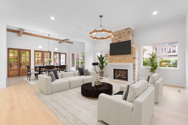 1408 Adams St, Franklin, TN 37064 - living area featuring light wood-type flooring, recessed lighting, beamed ceiling, a chandelier, and a fireplace