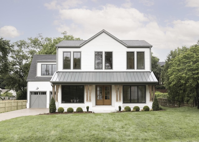 1408 Adams St, Franklin, TN 37064 - modern farmhouse with driveway, an attached garage, covered porch, a standing seam roof, and roof with shingles