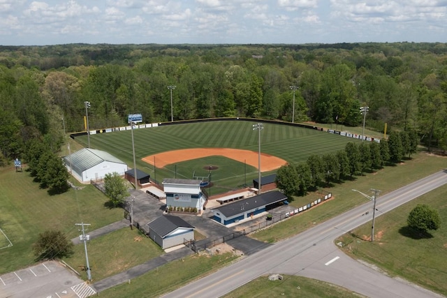 drone / aerial view featuring a view of trees
