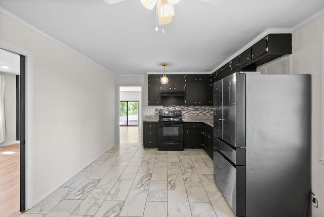 1872 River Rd, Clarksville, TN 37040 - kitchen with freestanding refrigerator, black / electric stove, dark cabinets, ceiling fan, and light marble finish flooring