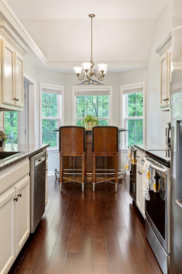 kitchen featuring an inviting chandelier, a sink, dark wood-style flooring, decorative light fixtures, and appliances with stainless steel finishes