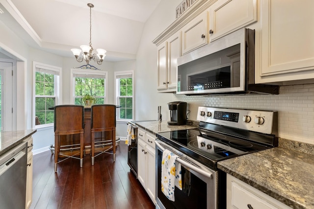 kitchen with tasteful backsplash, a notable chandelier, plenty of natural light, and appliances with stainless steel finishes