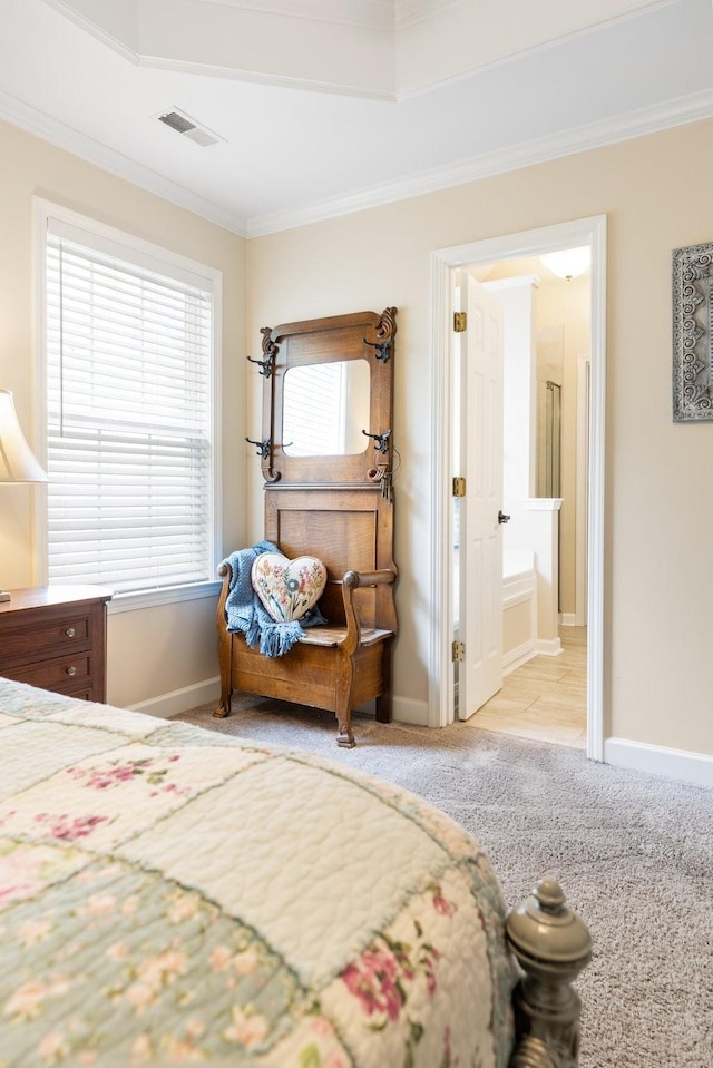 bedroom featuring light colored carpet, visible vents, baseboards, and ornamental molding