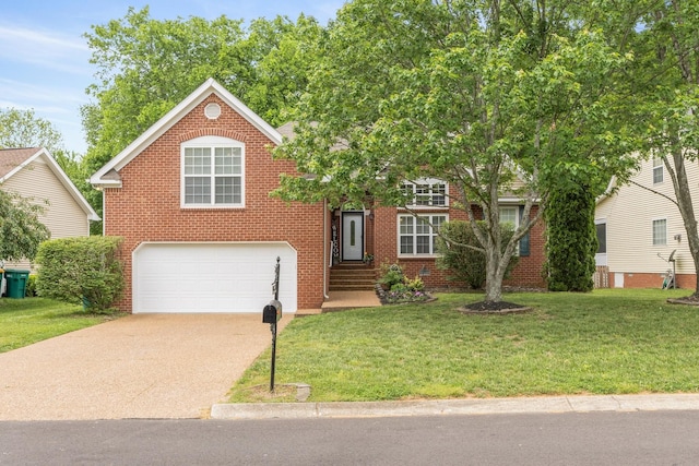 view of front facade featuring a front yard, an attached garage, brick siding, and driveway