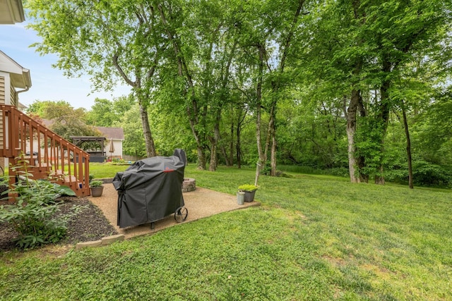 view of yard featuring a patio and stairway