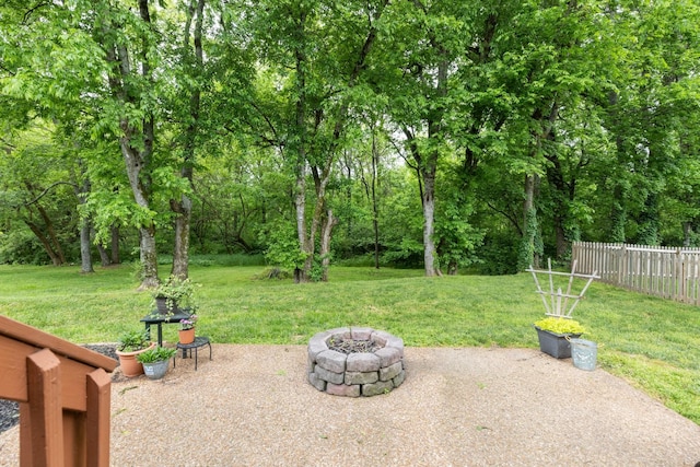 view of patio / terrace with a fire pit and fence