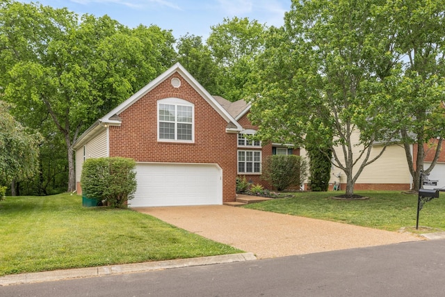 view of front of home featuring concrete driveway, an attached garage, brick siding, and a front yard