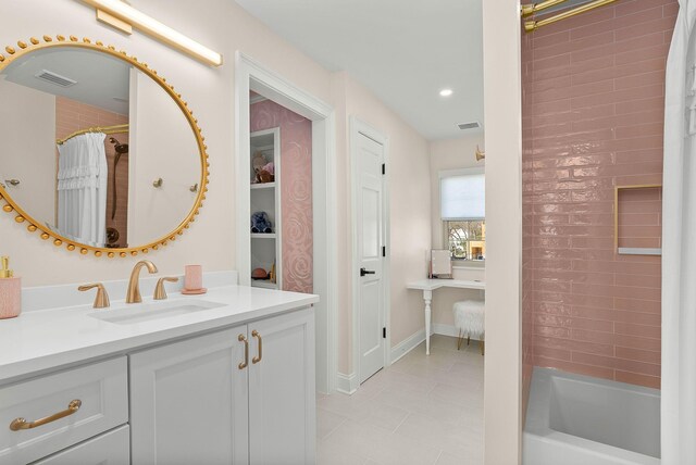 bathroom with recessed lighting, tile patterned floors, vanity, and visible vents