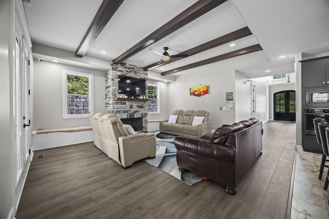 601 Joyce Ave, Lewisburg, TN 37091 - living area with recessed lighting, ceiling fan, wood finished floors, beamed ceiling, and a fireplace