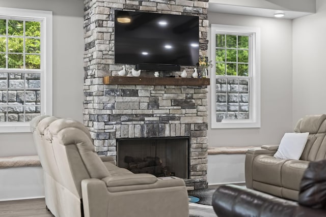 601 Joyce Ave, Lewisburg, TN 37091 - living room with baseboards, a stone fireplace, a healthy amount of sunlight, and wood finished floors