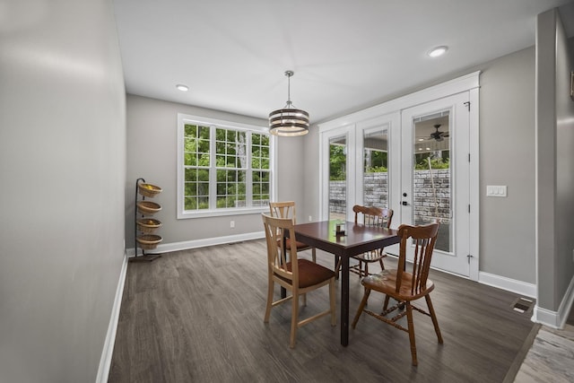 601 Joyce Ave, Lewisburg, TN 37091 - dining space featuring a notable chandelier, french doors, baseboards, visible vents, and dark wood-style floors