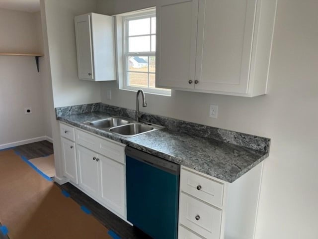 kitchen featuring a sink, white cabinetry, dishwashing machine, and dark wood-style floors