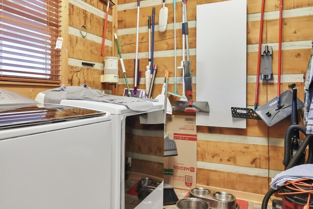 448 Dean Acre Ln, Liberty, TN 37095 - clothes washing area with laundry area, wood walls, and separate washer and dryer