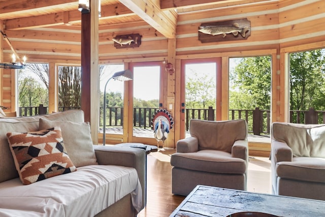 448 Dean Acre Ln, Liberty, TN 37095 - sunroom / solarium featuring an inviting chandelier and beamed ceiling