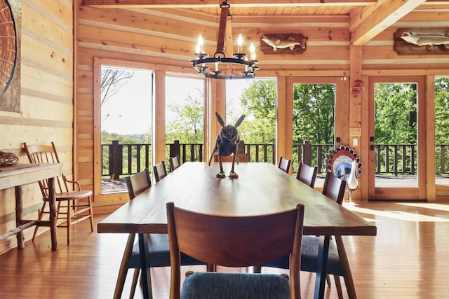 448 Dean Acre Ln, Liberty, TN 37095 - dining room featuring wood-type flooring, a healthy amount of sunlight, wood walls, beamed ceiling, and a chandelier