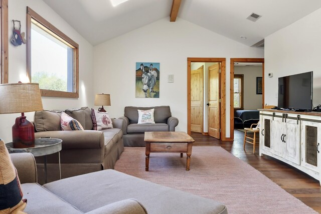 448 Dean Acre Ln, Liberty, TN 37095 - living room featuring vaulted ceiling with beams and dark wood finished floors