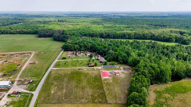 bird's eye view featuring a rural view and a forest view