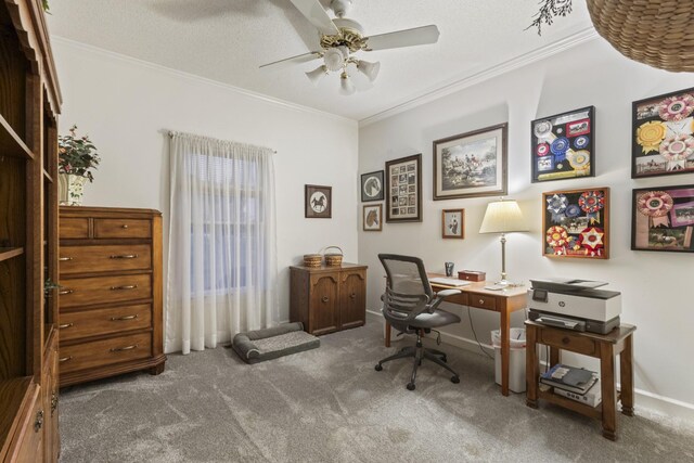 746 Shadow Ln, Belvidere, TN 37306 - home office with carpet flooring, crown molding, a ceiling fan, and baseboards
