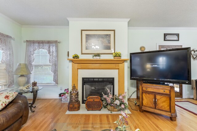 746 Shadow Ln, Belvidere, TN 37306 - living area featuring wood finished floors, crown molding, a fireplace with flush hearth, baseboards, and a textured ceiling