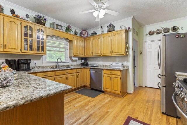 746 Shadow Ln, Belvidere, TN 37306 - kitchen featuring stainless steel appliances, ornamental molding, a sink, a ceiling fan, and light wood-style flooring