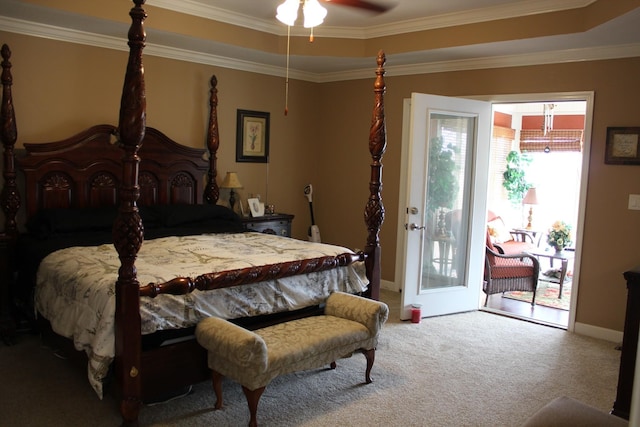 bedroom featuring carpet flooring, access to outside, baseboards, and ornamental molding
