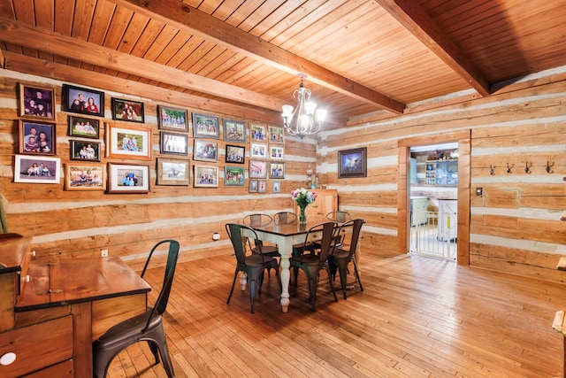 460 Seven Springs Rd, Clarksville, TN 37043 - dining space featuring an inviting chandelier, wood ceiling, wooden walls, beamed ceiling, and hardwood / wood-style floors