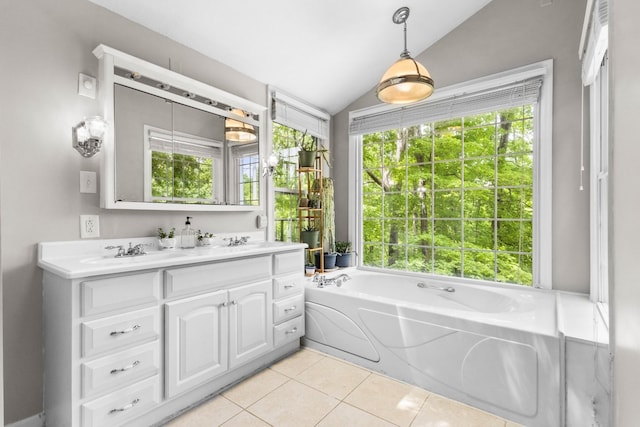 460 Seven Springs Rd, Clarksville, TN 37043 - bathroom with a sink, vaulted ceiling, tile patterned flooring, double vanity, and a garden tub