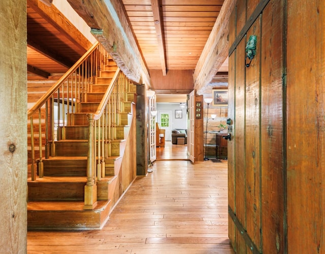 460 Seven Springs Rd, Clarksville, TN 37043 - hallway featuring wooden ceiling, stairway, hardwood / wood-style floors, and beam ceiling