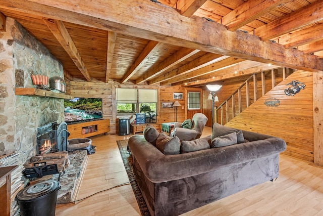 living area with hardwood / wood-style flooring, wood ceiling, wooden walls, and beam ceiling