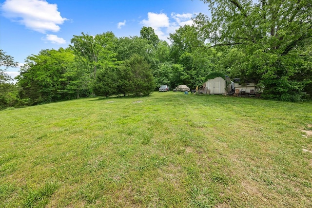 view of yard featuring an outdoor structure and a shed