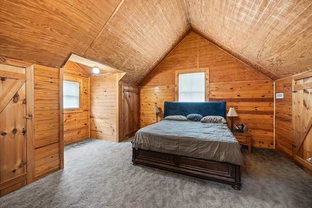 bedroom featuring wood walls, wooden ceiling, carpet, and vaulted ceiling