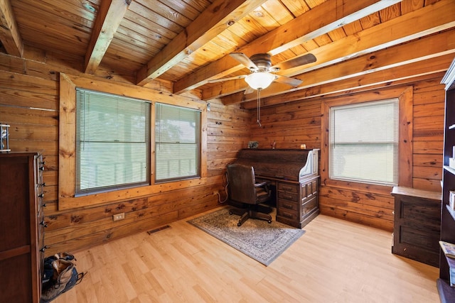unfurnished office with plenty of natural light, visible vents, wood ceiling, and beamed ceiling