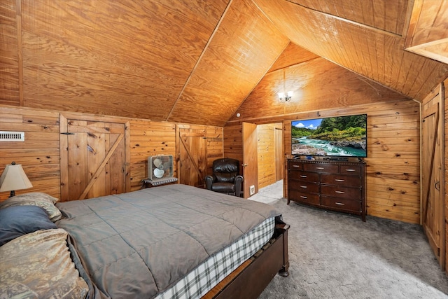 bedroom with wood ceiling, carpet floors, wood walls, visible vents, and lofted ceiling