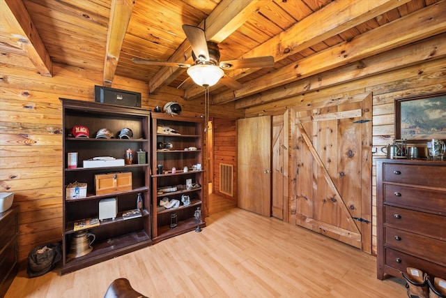 interior space featuring wooden ceiling, wooden walls, wood finished floors, and beam ceiling