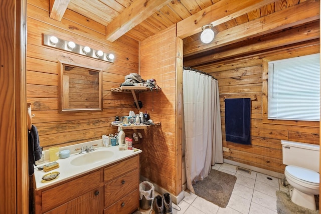 full bathroom with wood ceiling, toilet, tile patterned floors, beamed ceiling, and wooden walls
