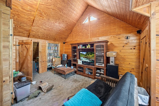 carpeted living area with wooden ceiling, lofted ceiling, and wood walls