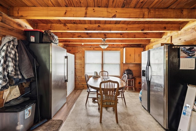 dining space featuring wooden walls, beam ceiling, and wood ceiling