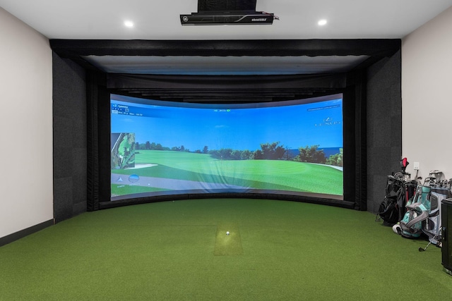 rec room featuring golf simulator, recessed lighting, and carpet floors