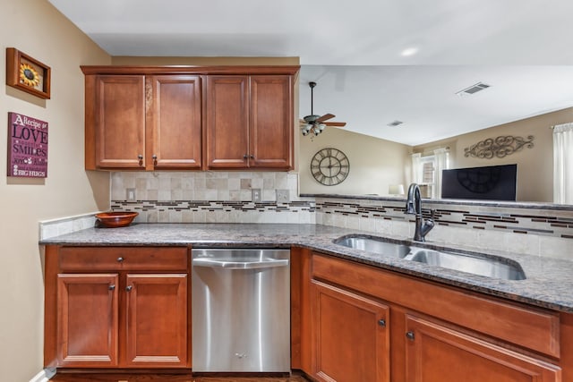 kitchen with stone counters, a sink, visible vents, dishwasher, and decorative backsplash