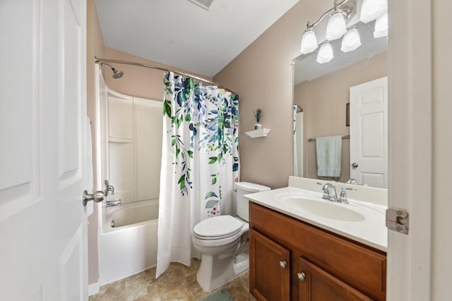 full bathroom with toilet, shower / tub combo, and vanity