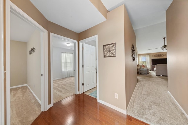 hall featuring carpet flooring, wood finished floors, and baseboards