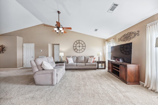 living room featuring light colored carpet, lofted ceiling, a ceiling fan, and visible vents