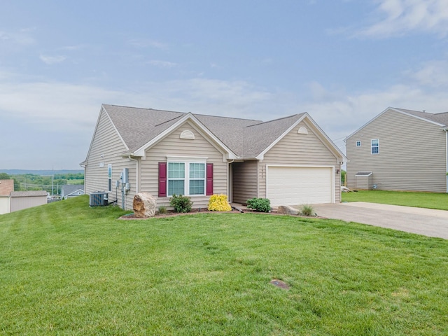 ranch-style house with an attached garage, a shingled roof, central AC unit, a front yard, and driveway