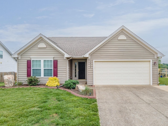 single story home with fence, driveway, a garage, a front lawn, and a shingled roof