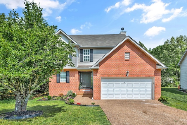traditional-style home with concrete driveway, brick siding, a chimney, and a front lawn