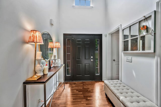 foyer entrance featuring a towering ceiling and wood finished floors