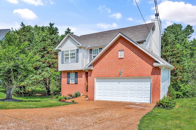 view of front facade with concrete driveway, a chimney, brick siding, and a front lawn