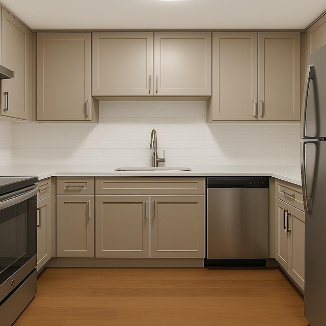 kitchen with light countertops, stainless steel appliances, gray cabinetry, and a sink