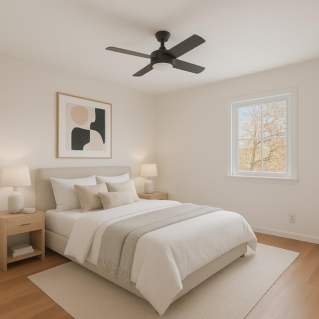 bedroom with a ceiling fan, wood finished floors, and baseboards