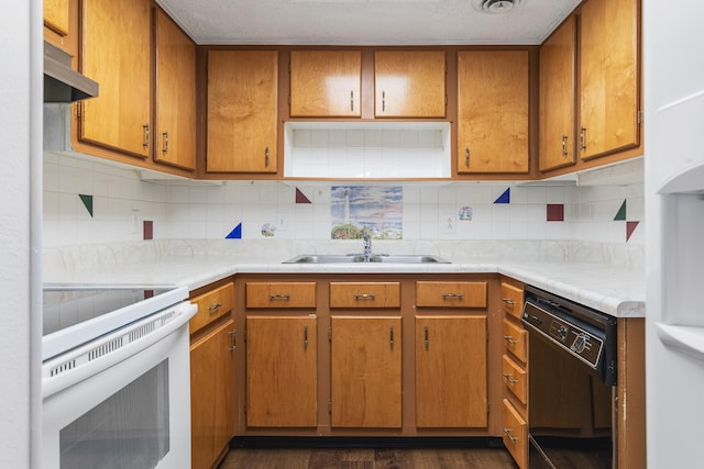 kitchen featuring light countertops, brown cabinets, electric stove, backsplash, and dishwasher